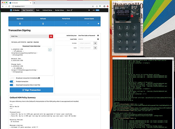 CKBunker transaction signing dashboard beside a COLDCARD and server console