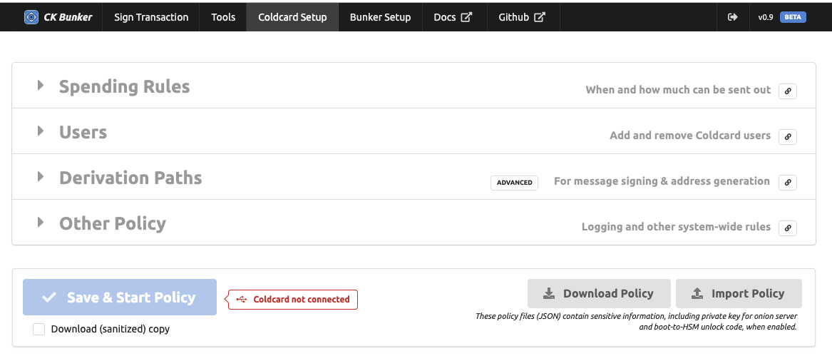 COLDCARD setup tab